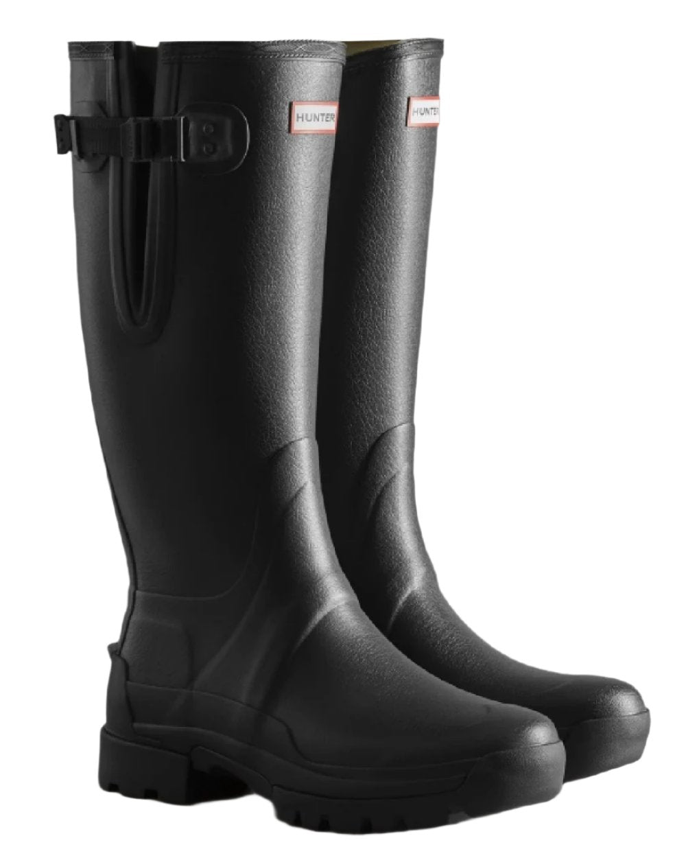 Black coloured Hunter Mens Balmoral Neoprene Adjustable Wellington Boots on white background 