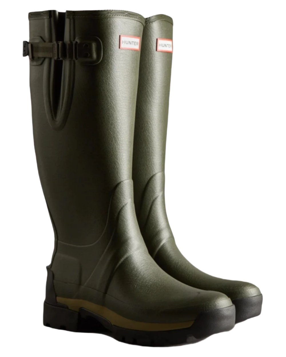 Dark Olive coloured Hunter Mens Balmoral Neoprene Adjustable Wellington Boots on white background 