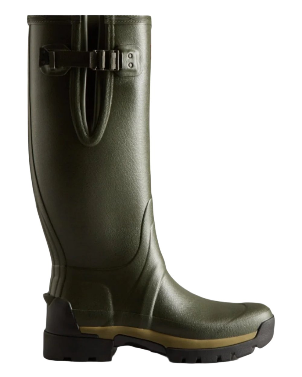 Dark Olive coloured Hunter Mens Balmoral Neoprene Adjustable Wellington Boots on white background 