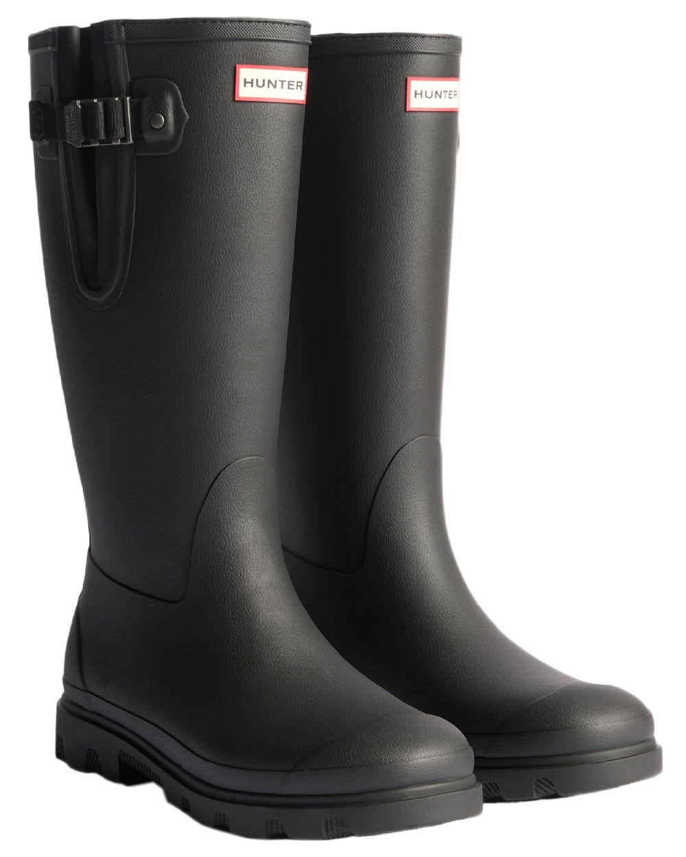 Black Coloured Hunter Mens Downpour Adjustable Field Boots on white background 