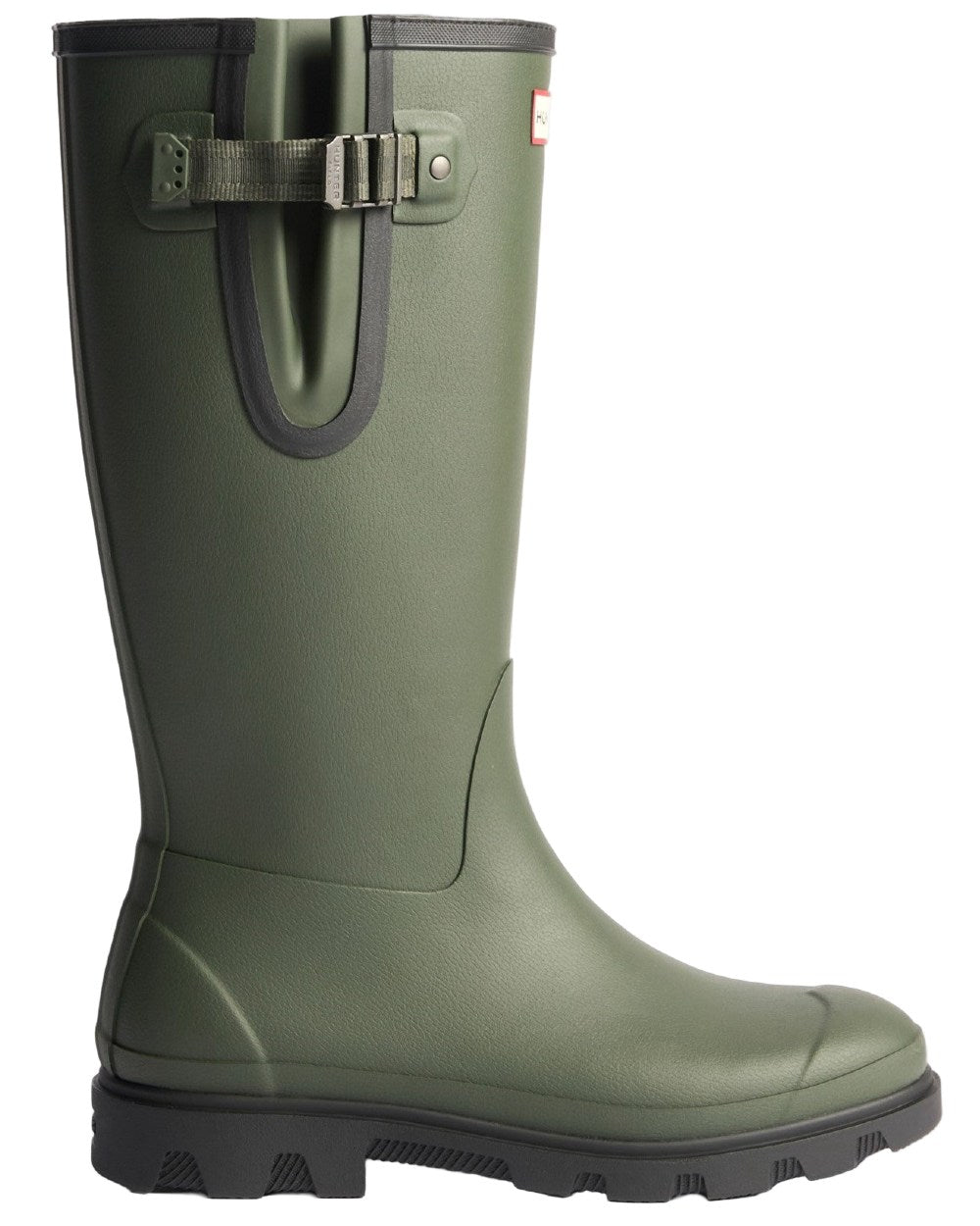 Dark Olive Black Coloured Hunter Mens Downpour Adjustable Field Boots on white background 