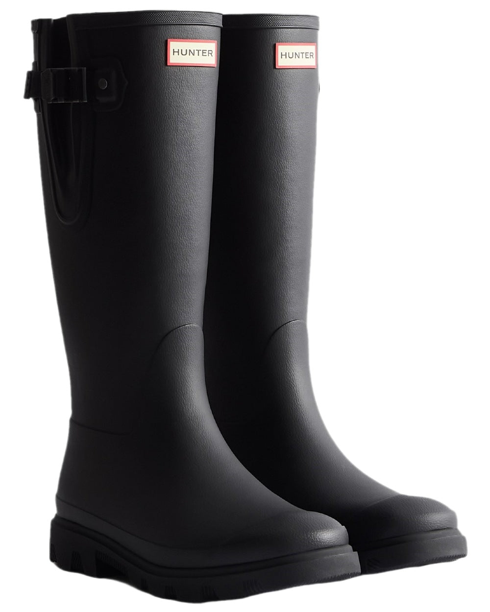 Black Coloured Hunter Mens Downpour Adjustable Tall Boots on white background 