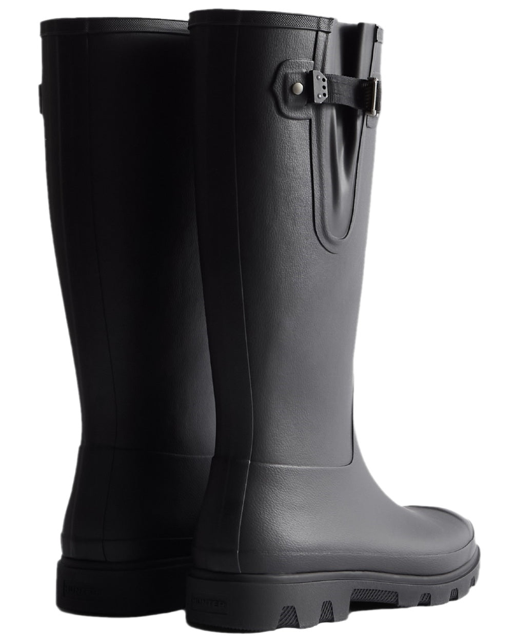 Black Coloured Hunter Mens Downpour Adjustable Tall Boots on white background 