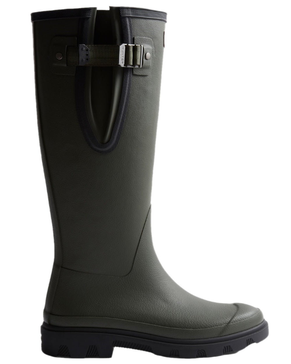 Dark Olive Black Coloured Hunter Mens Downpour Adjustable Tall Boots on white background 