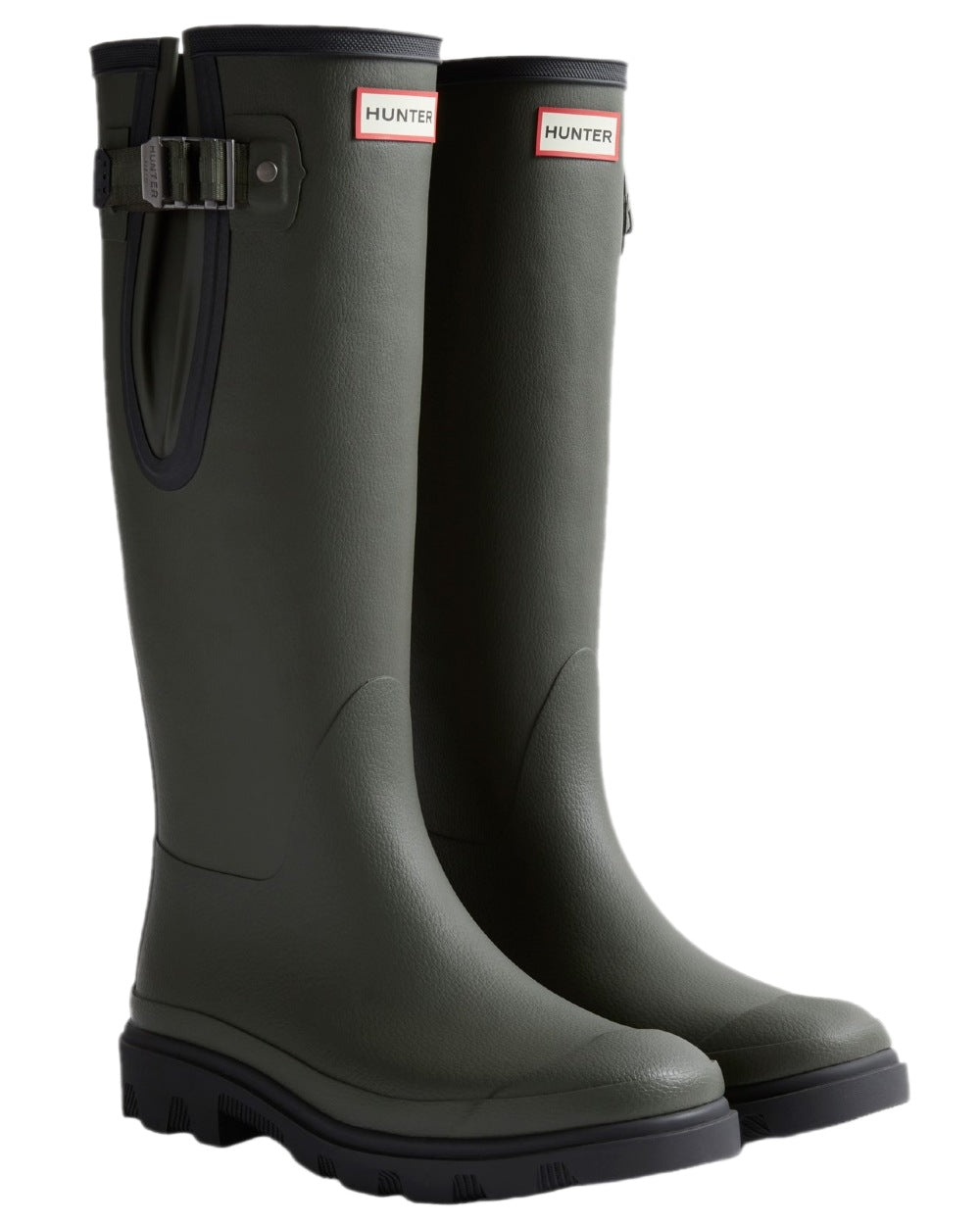 Dark Olive Black Coloured Hunter Mens Downpour Adjustable Tall Boots on white background 