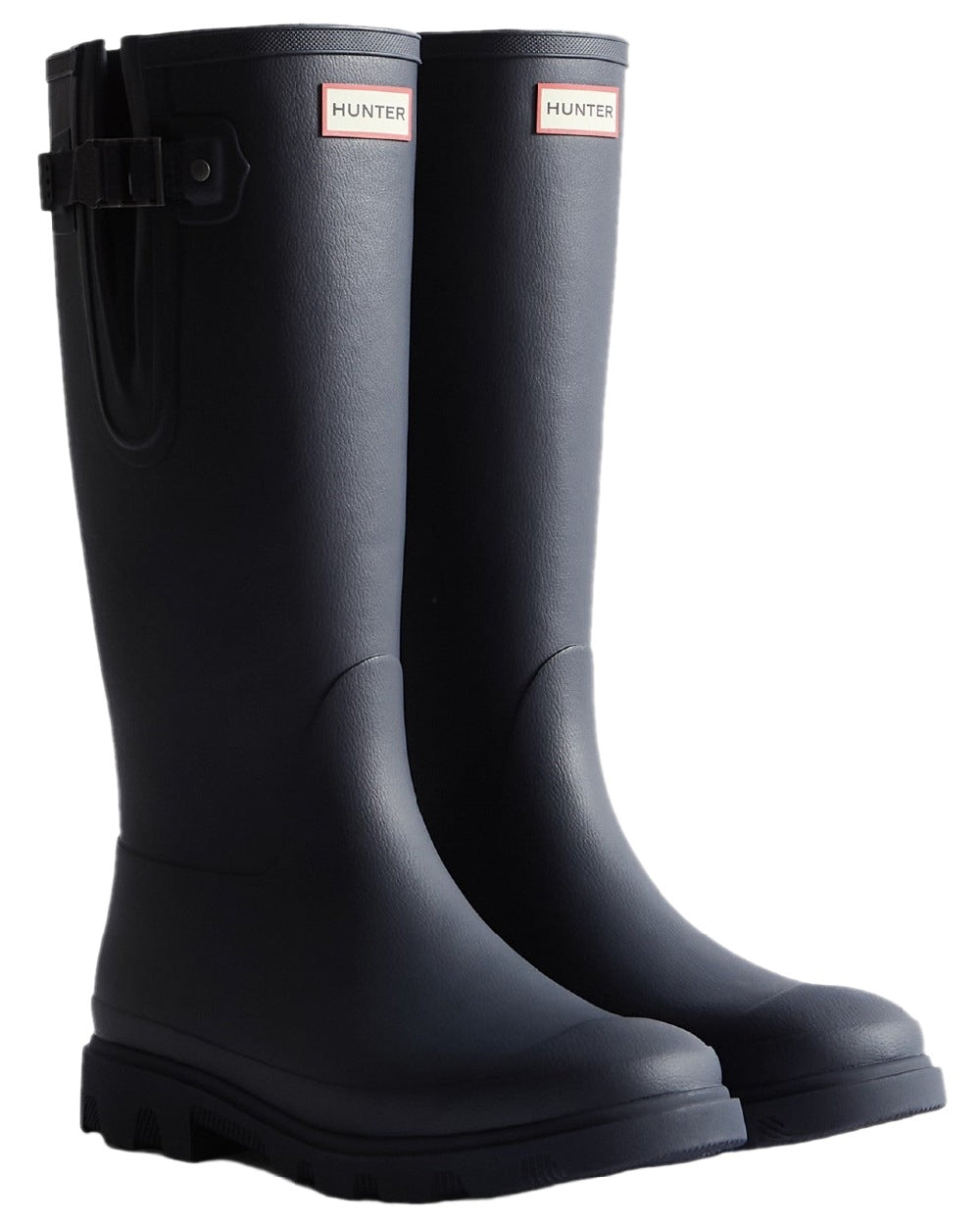 Hunter Navy Coloured Hunter Mens Downpour Adjustable Tall Boots on white background 
