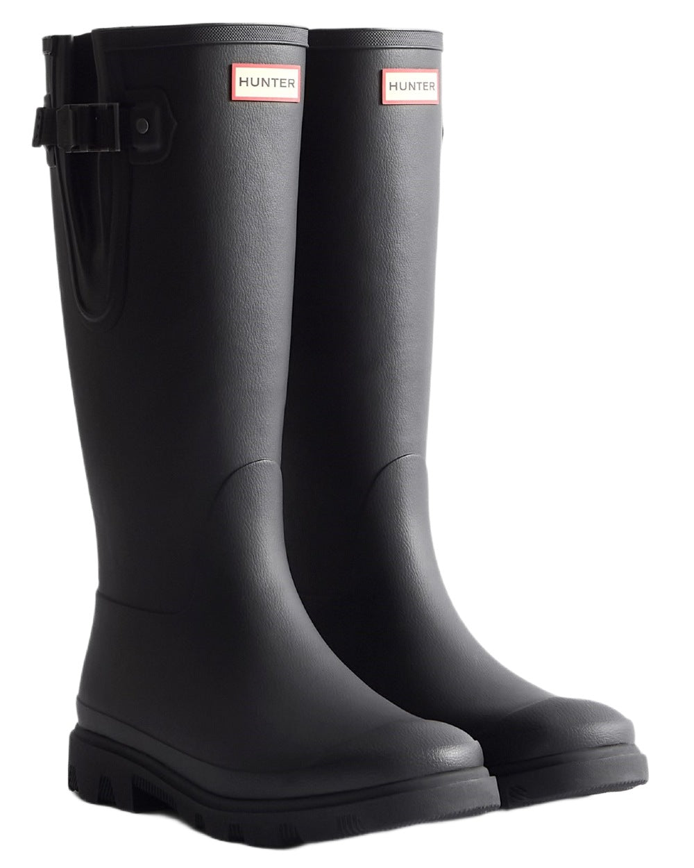 Black coloured Hunter Mens Field Downpour Adjustable Wellingtons on white background 