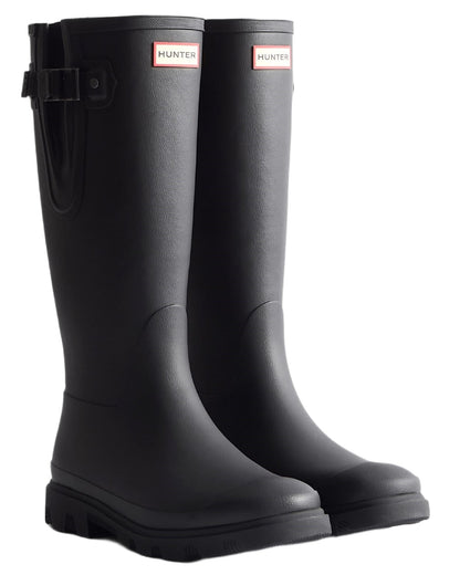 Black coloured Hunter Mens Field Downpour Adjustable Wellingtons on white background 