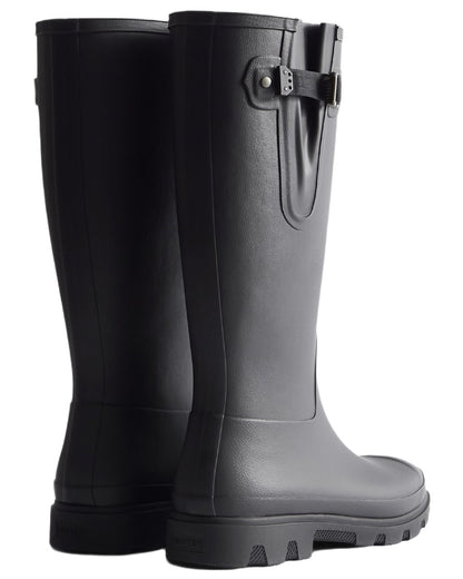 Black coloured Hunter Mens Field Downpour Adjustable Wellingtons on white background 