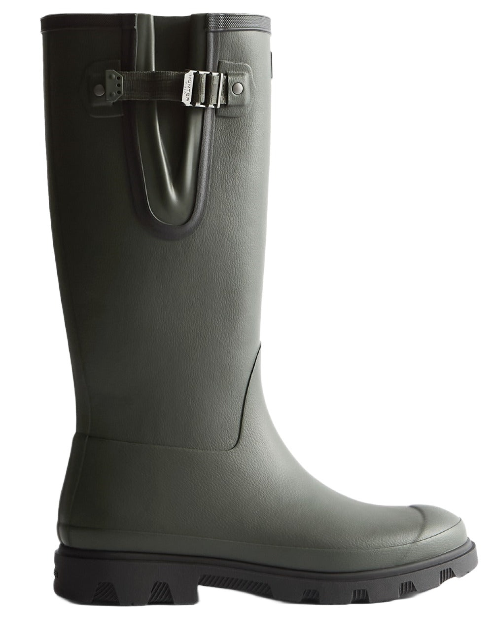Dark Olive Black coloured Hunter Mens Field Downpour Adjustable Wellingtons on white background 