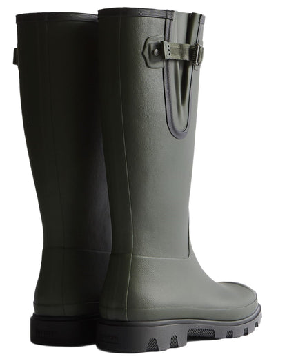 Dark Olive Black coloured Hunter Mens Field Downpour Adjustable Wellingtons on white background 