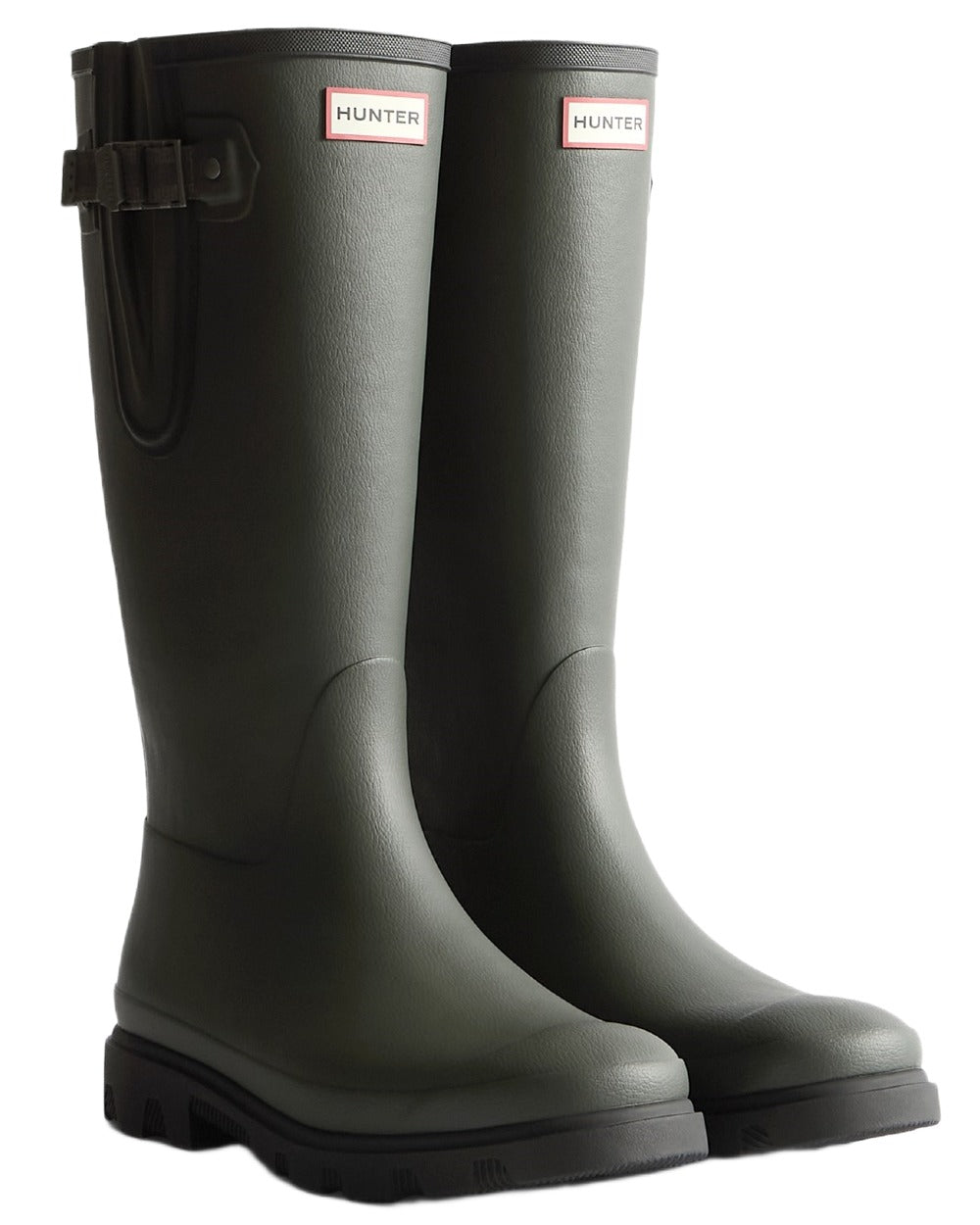 Dark Olive Black coloured Hunter Mens Field Downpour Adjustable Wellingtons on white background 
