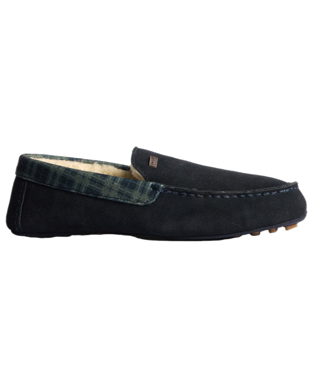 Hunter Navy Coloured Hunter Mens Moccasin Slippers on white background 