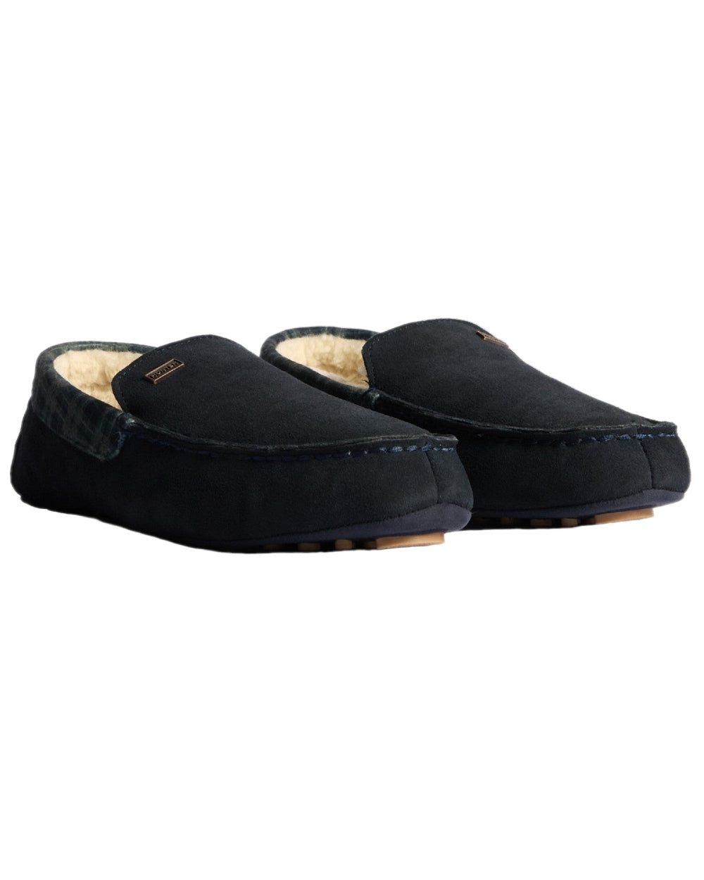 Hunter Navy Coloured Hunter Mens Moccasin Slippers on white background 