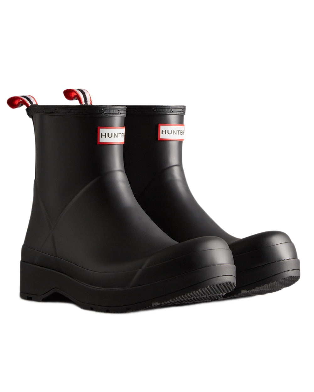 Black coloured Hunter Mens Play Short Wellingtons on white background 