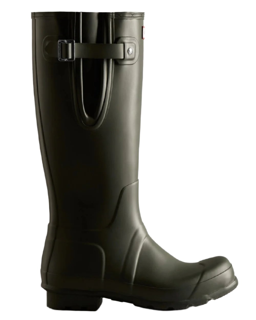 Dark Olive coloured Hunter Mens Tall Side Adjustable Wellington Boots on white background 