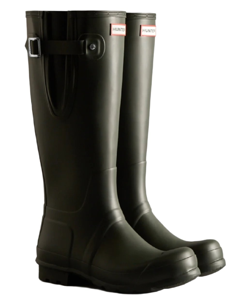 Dark Olive coloured Hunter Mens Tall Side Adjustable Wellington Boots on white background 