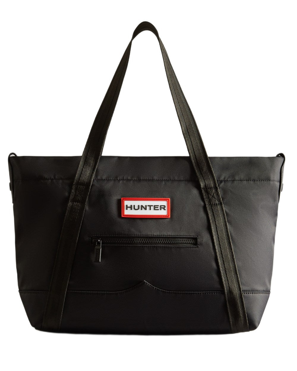 Black coloured Hunter Nylon Midi Topclip Tote Bag on white background 