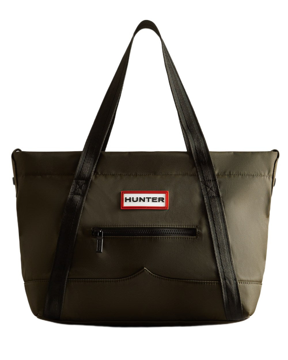 Dark Olive coloured Hunter Nylon Midi Topclip Tote Bag on white background 