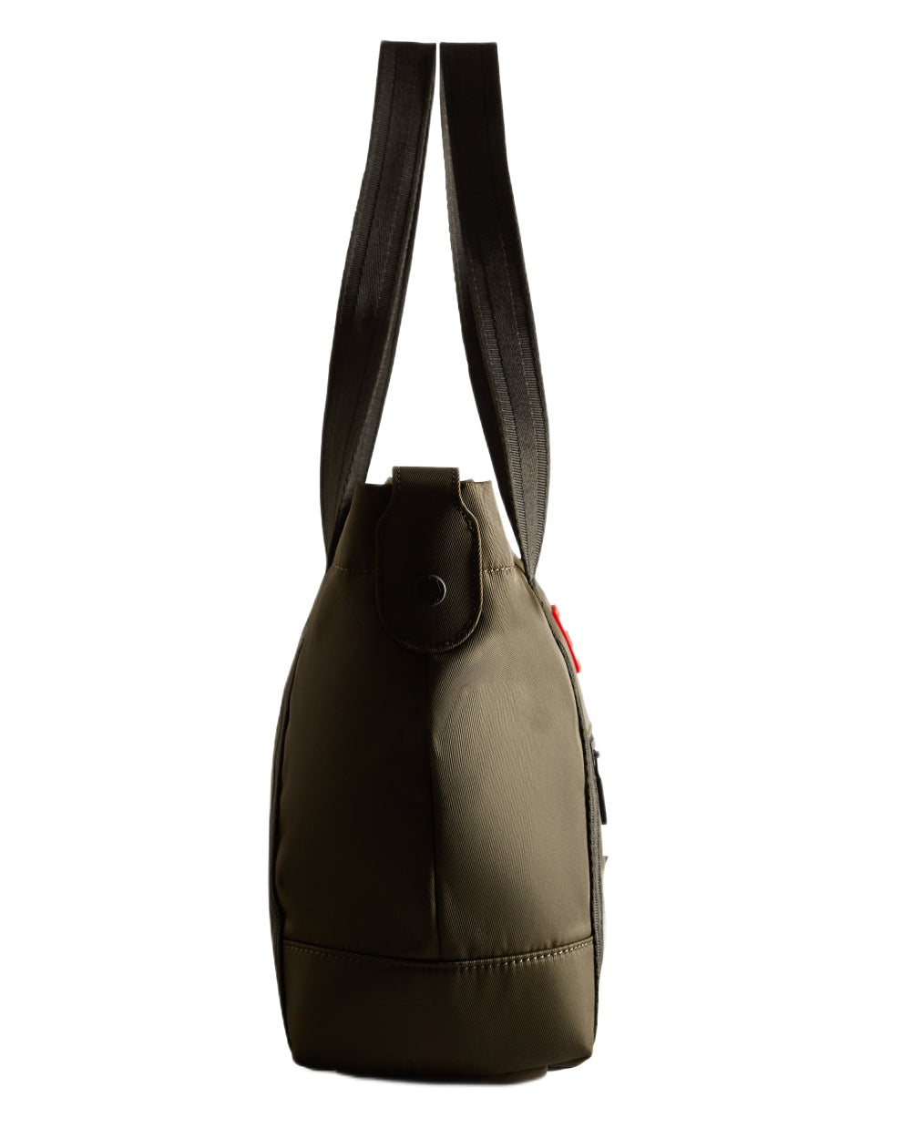 Dark Olive coloured Hunter Nylon Midi Topclip Tote Bag on white background 