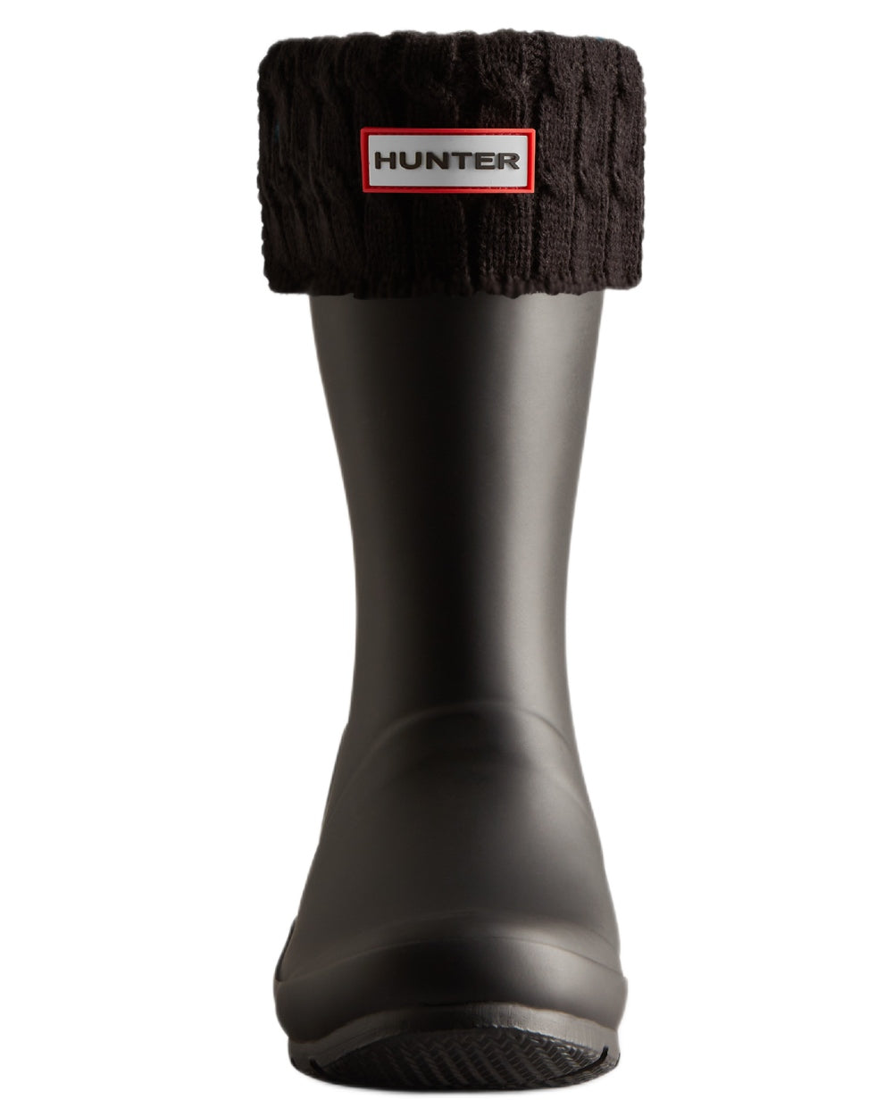 Black coloured Hunter Recycled 6 Stitch Cable Cuff Short Boot Socks on white background 