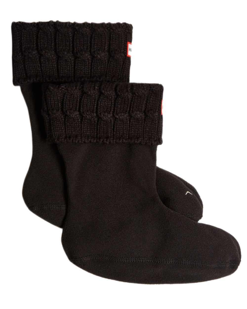 Black coloured Hunter Recycled 6 Stitch Cable Cuff Short Boot Socks on white background 