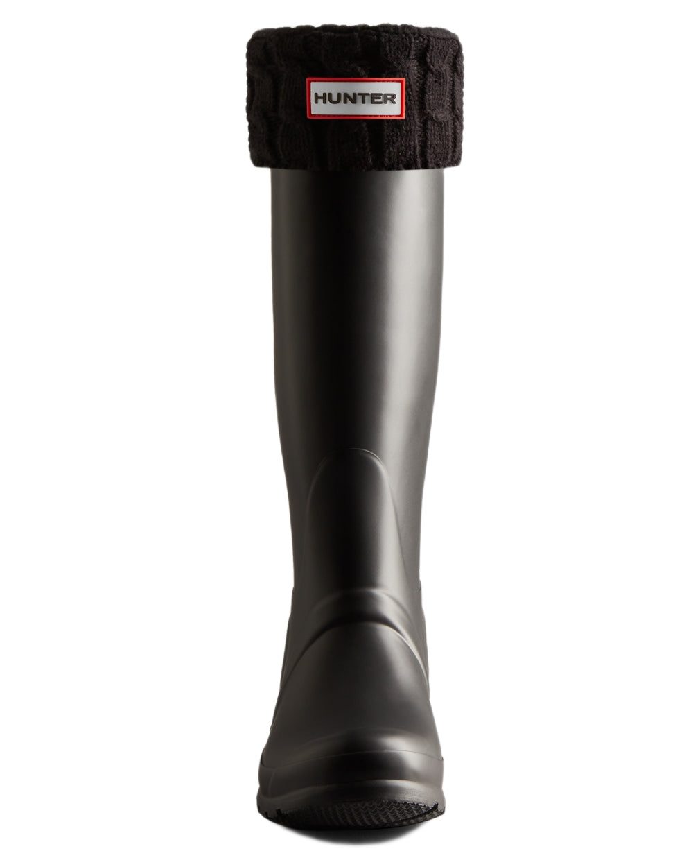 Black coloured Hunter Recycled 6 Stitch Cable Cuff Tall Boot Socks on white background 