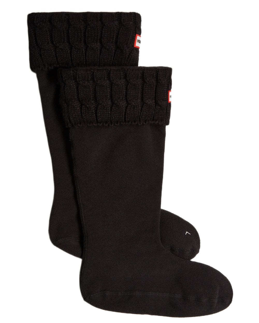 Black coloured Hunter Recycled 6 Stitch Cable Cuff Tall Boot Socks on white background 