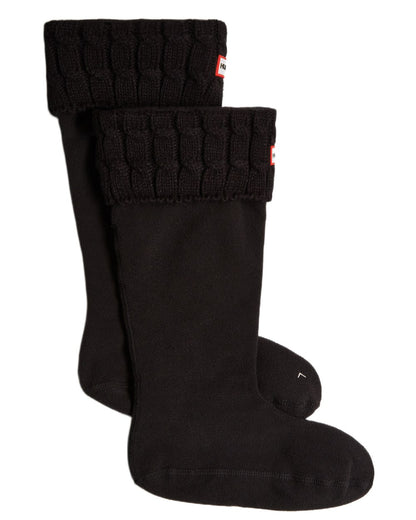 Black coloured Hunter Recycled 6 Stitch Cable Cuff Tall Boot Socks on white background 