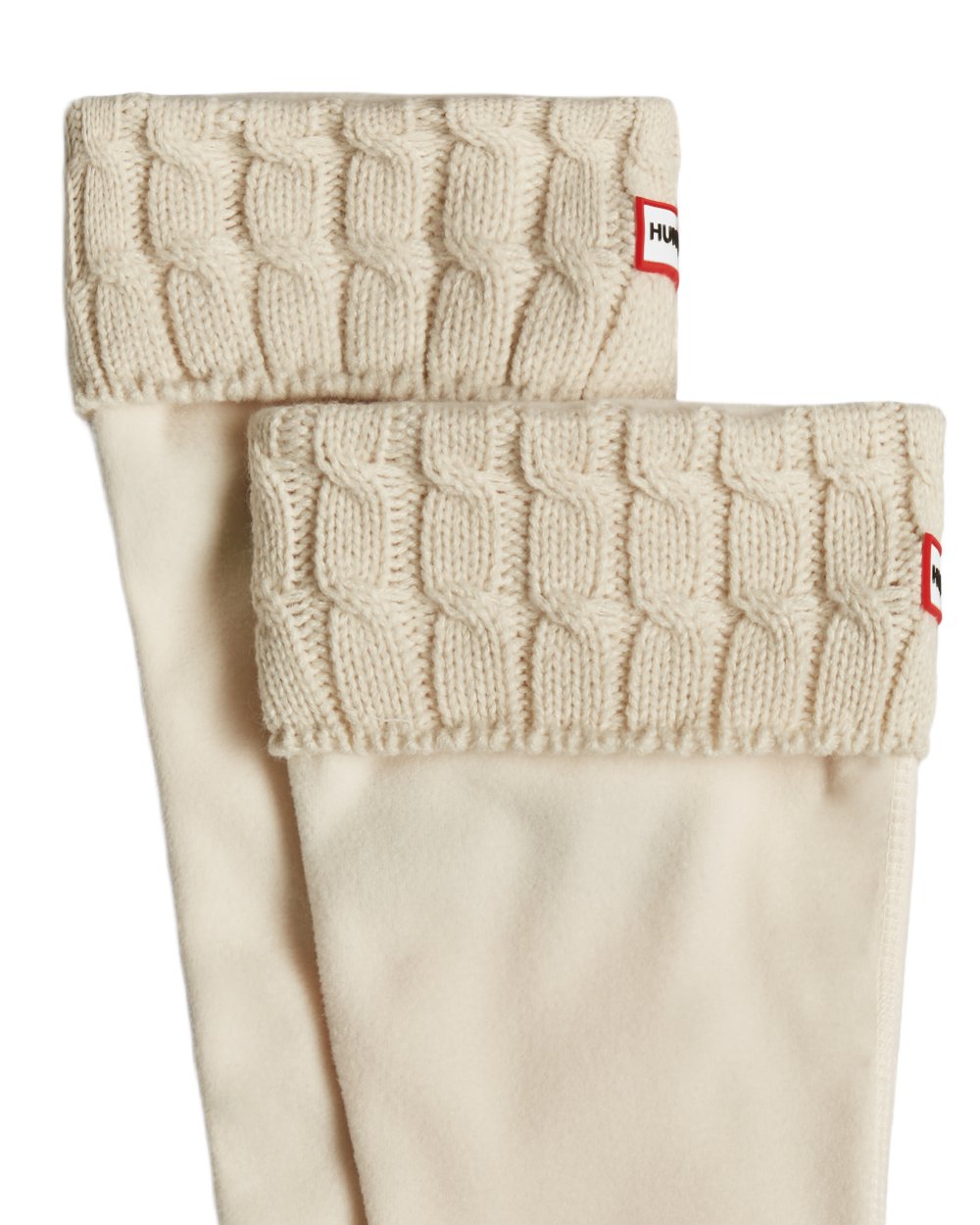 White coloured Hunter Recycled 6 Stitch Cable Cuff Tall Boot Socks on white background 