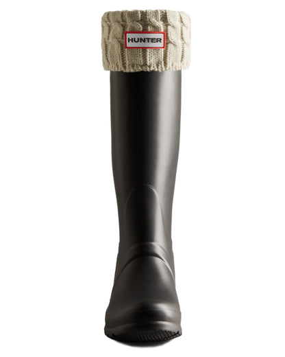 White coloured Hunter Recycled 6 Stitch Cable Cuff Tall Boot Socks on white background 