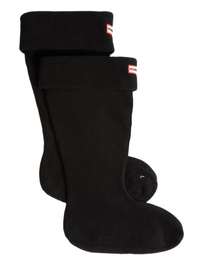 Black coloured Hunter Recycled Downpour Fleece Tall Boot Socks on white background 