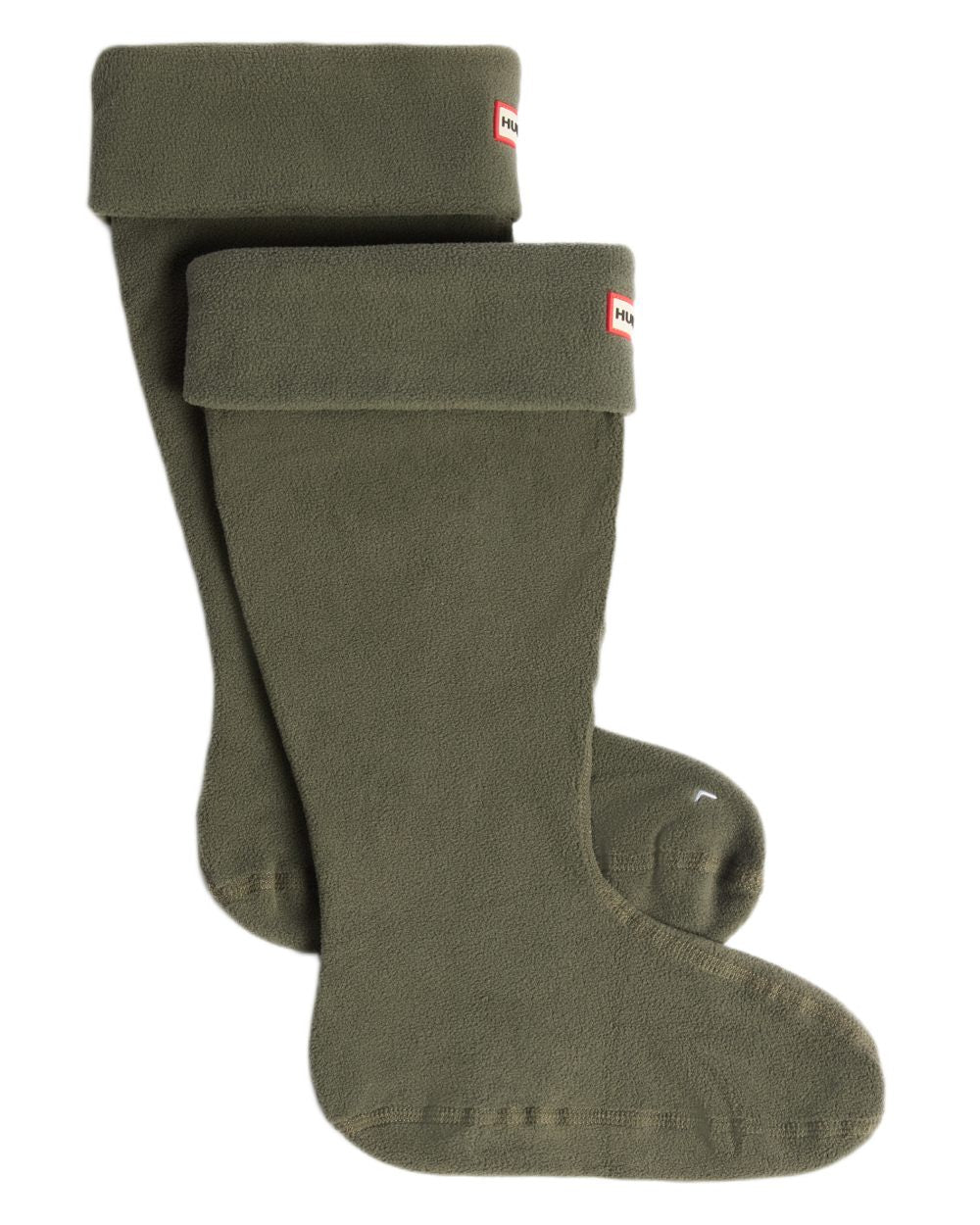 Dark Olive coloured Hunter Recycled Downpour Fleece Tall Boot Socks on white background 