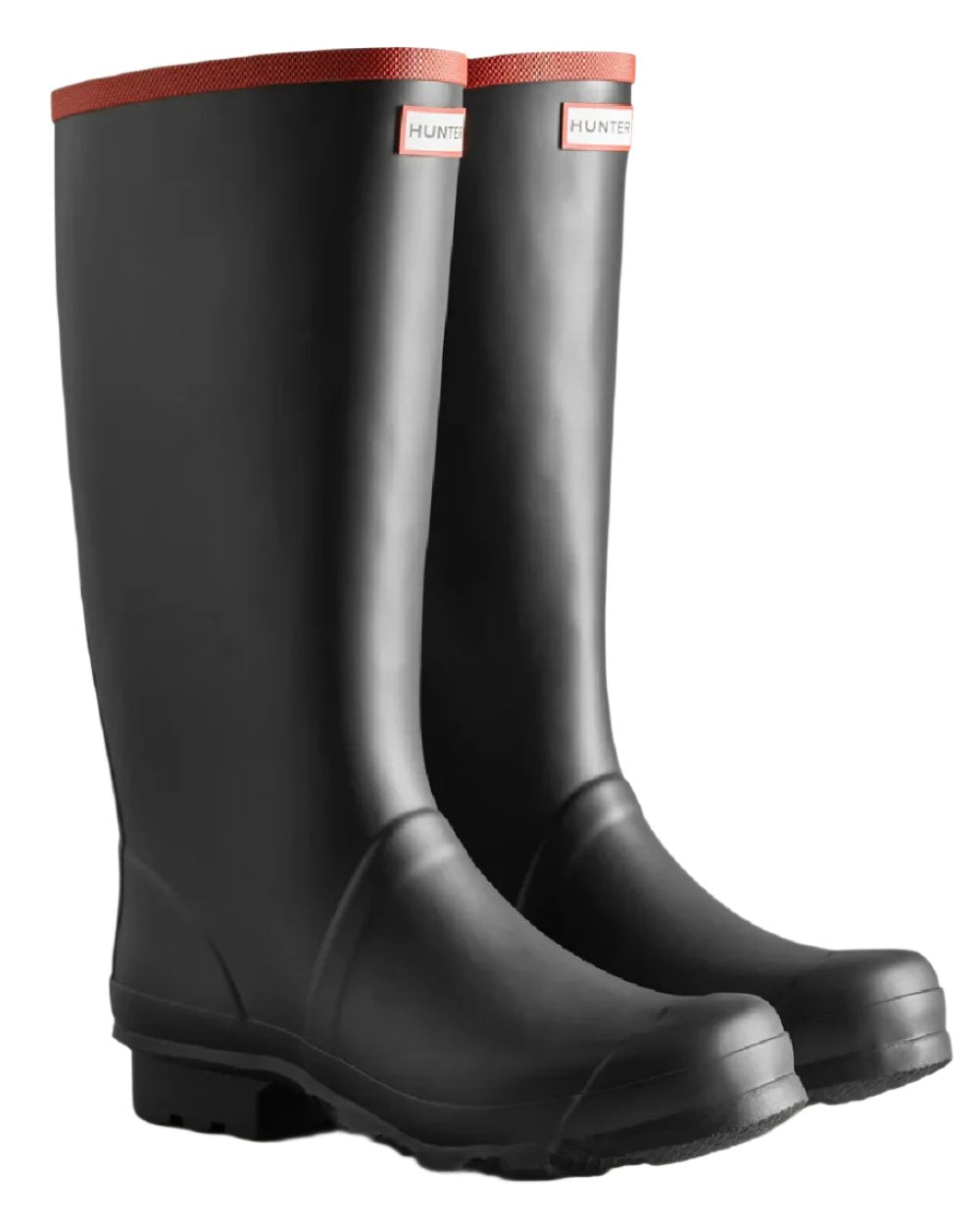 Black coloured Hunter Unisex Argyll Full Knee Wellington Boots on white background 