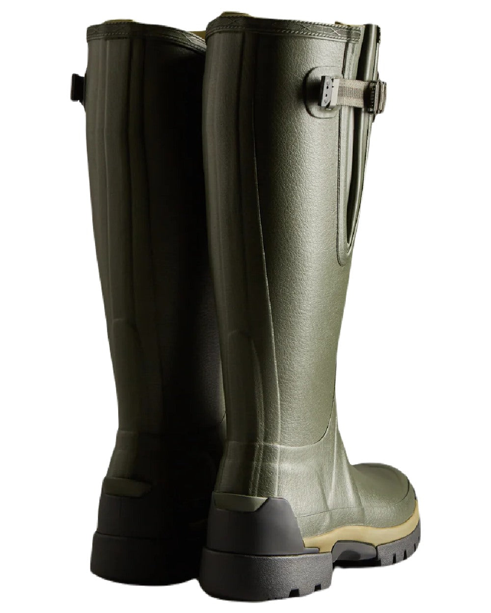 Dark Olive coloured Hunter Womens Balmoral Neoprene Adjustable Wellingtons on white background 