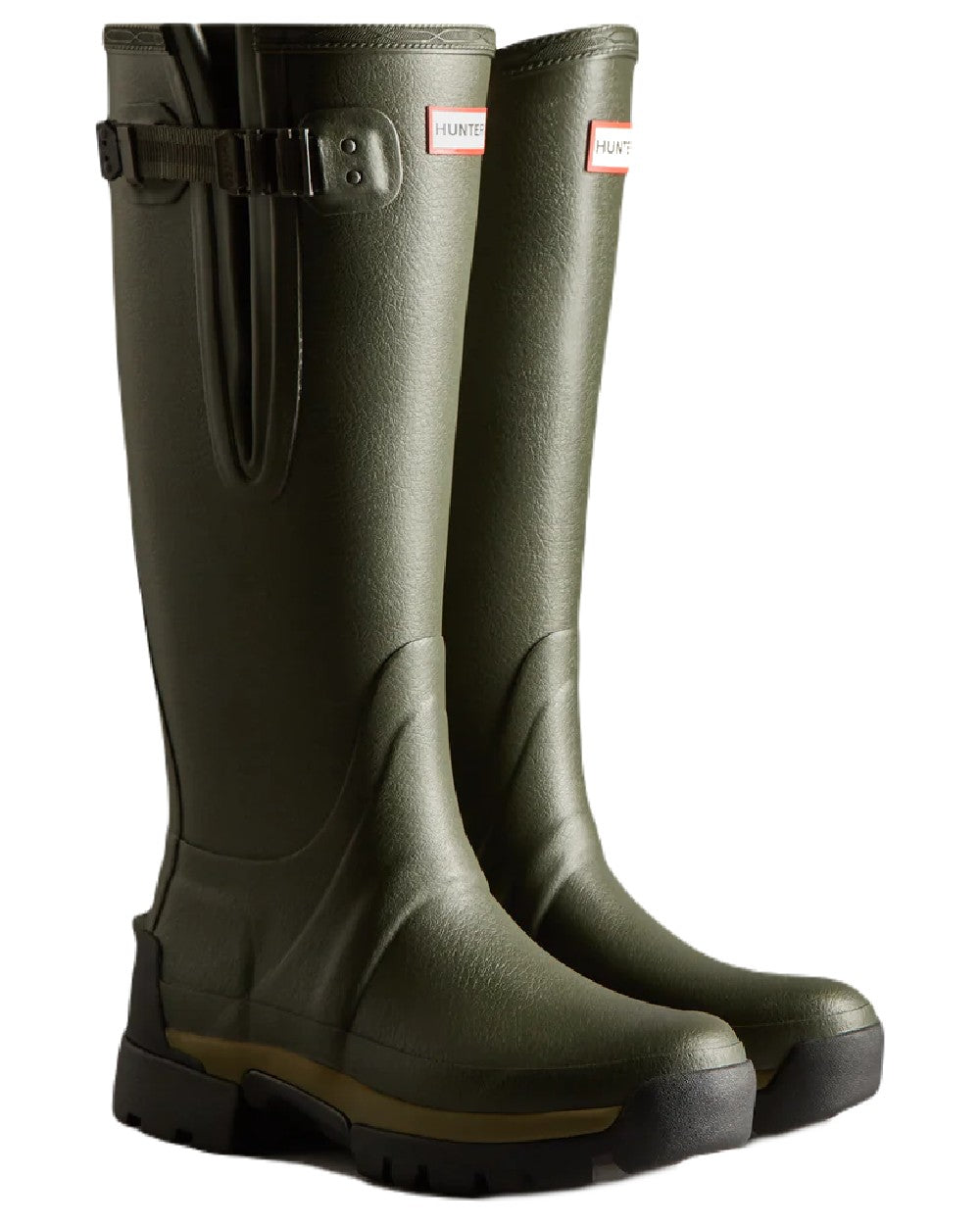 Dark Olive coloured Hunter Womens Balmoral Neoprene Adjustable Wellingtons on white background 