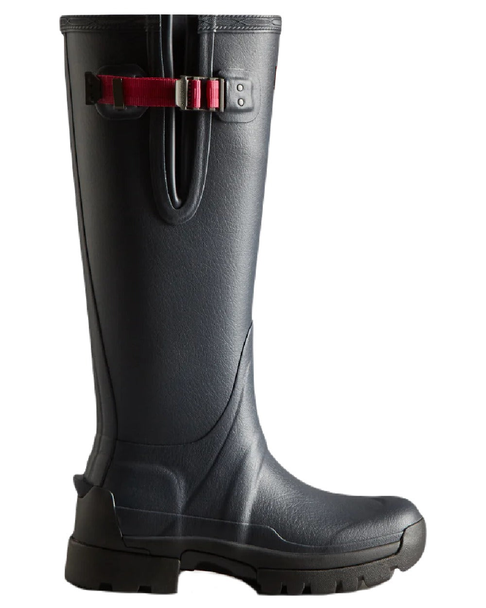Navy coloured Hunter Womens Balmoral Neoprene Adjustable Wellingtons on white background 