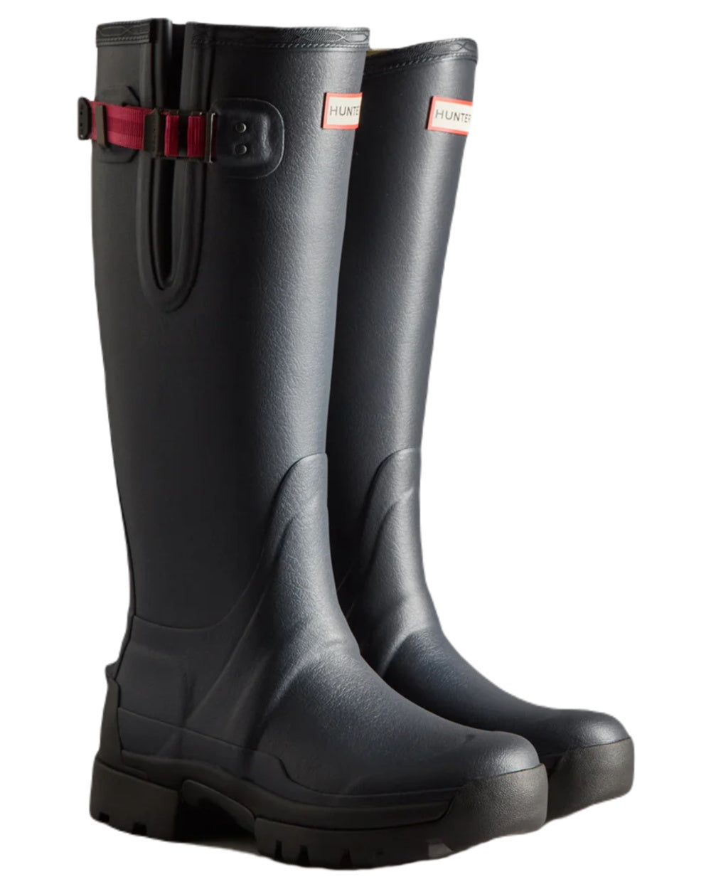Navy coloured Hunter Womens Balmoral Neoprene Adjustable Wellingtons on white background 