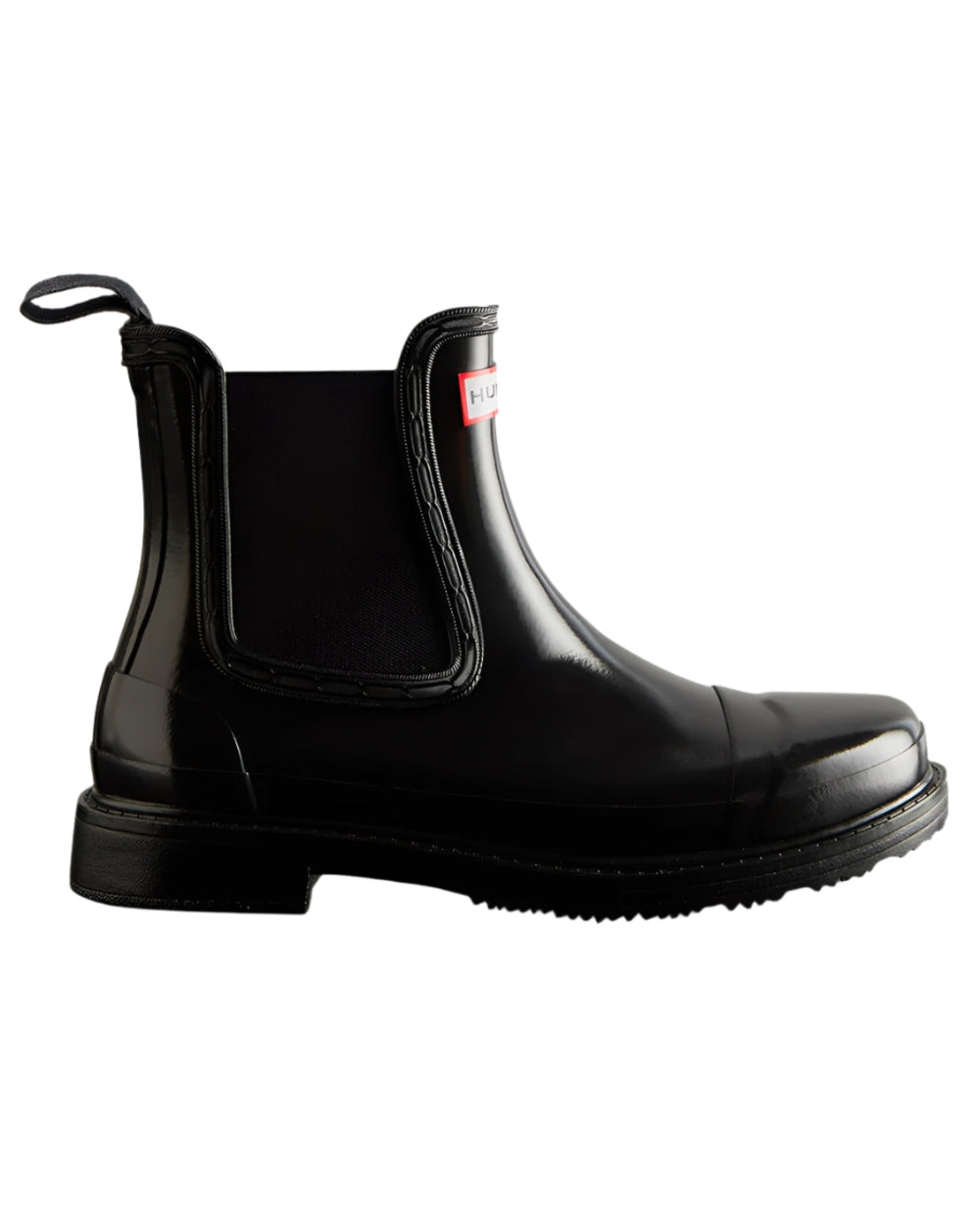 Black coloured Hunter Womens Commando Gloss Chelsea Boots on white background 