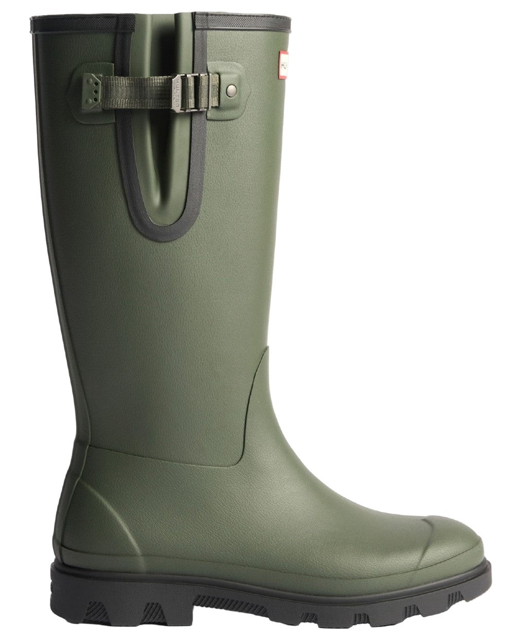 Dark Olive Black Coloured Hunter Womens Downpour Adjustable Field Boots on white background 
