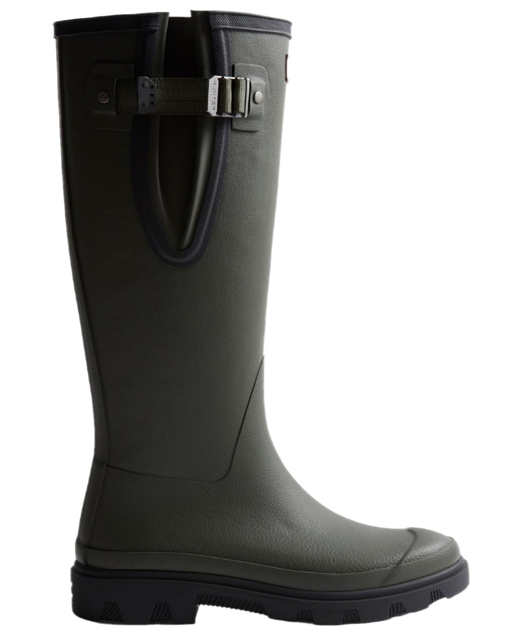 Dark Olive Black Coloured Hunter Womens Downpour Adjustable Tall Boots on white background 