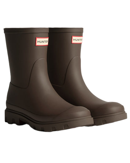 Chocolate Brown coloured Hunter Womens Downpour Short Wellingtons on white background 