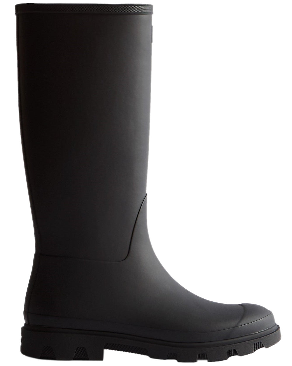 Black Coloured Hunter Womens Downpour Tall Wellingtons on white background
