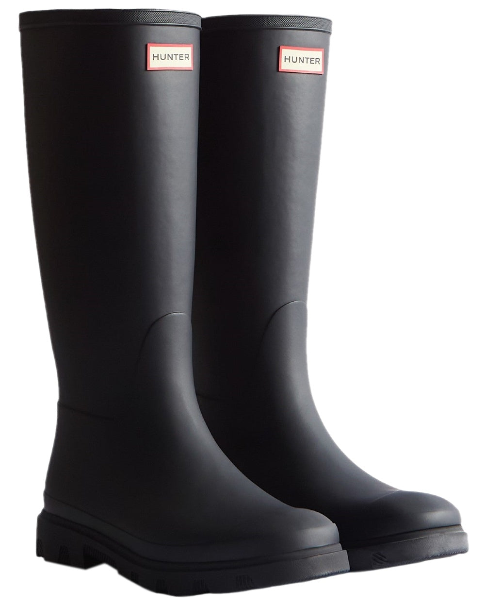 Black Coloured Hunter Womens Downpour Tall Wellingtons on white background
