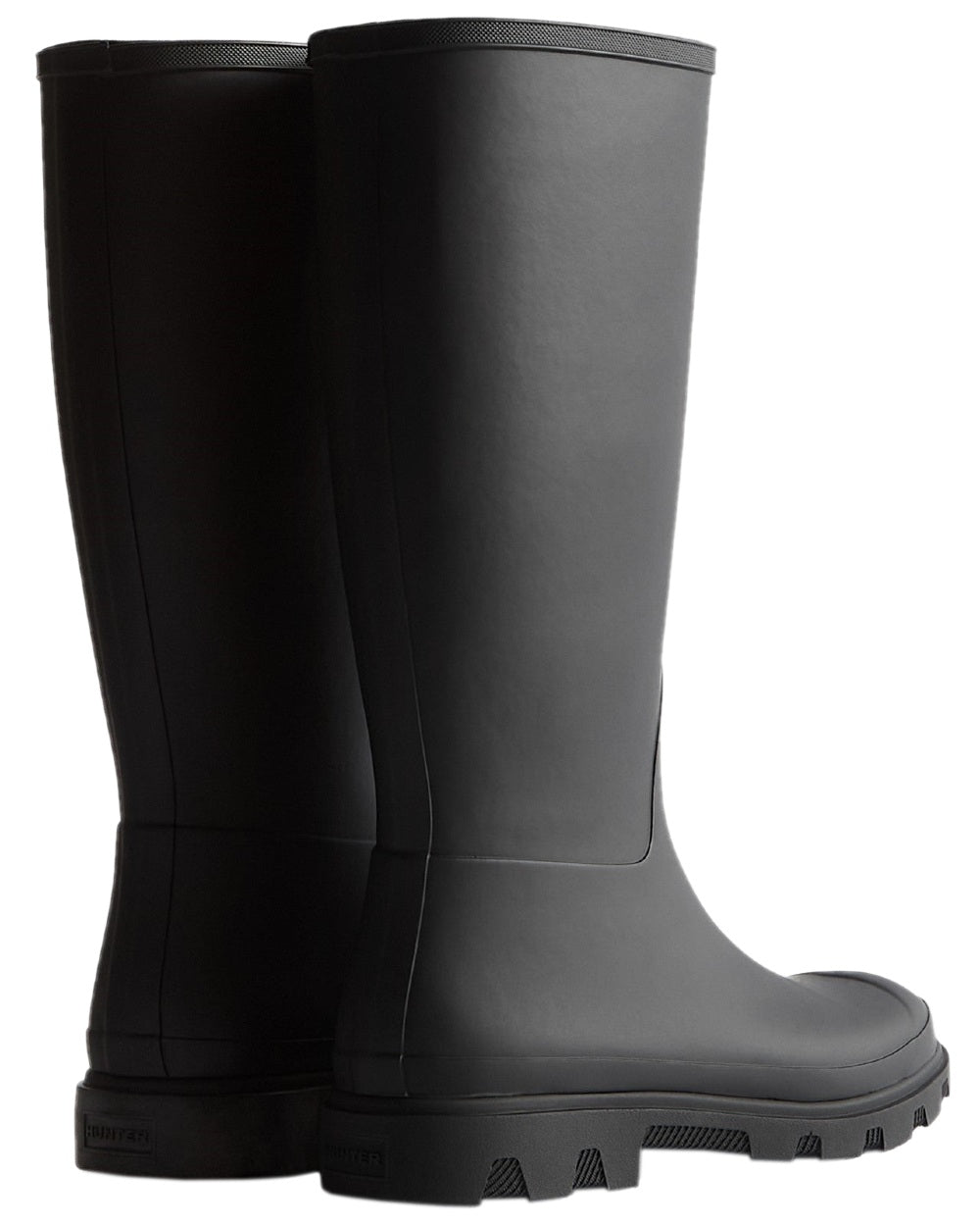Black Coloured Hunter Womens Downpour Tall Wellingtons on white background
