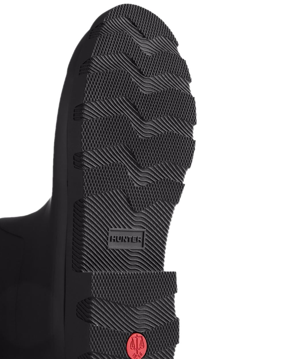 Black Coloured Hunter Womens Downpour Tall Wellingtons on white background
