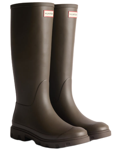 Chocolate Brown coloured Hunter Womens Downpour Tall Wellingtons on white background 