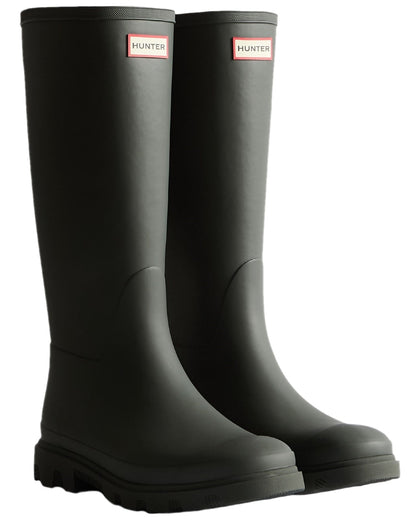 Dark Olive Coloured Hunter Womens Downpour Tall Wellingtons on white background
