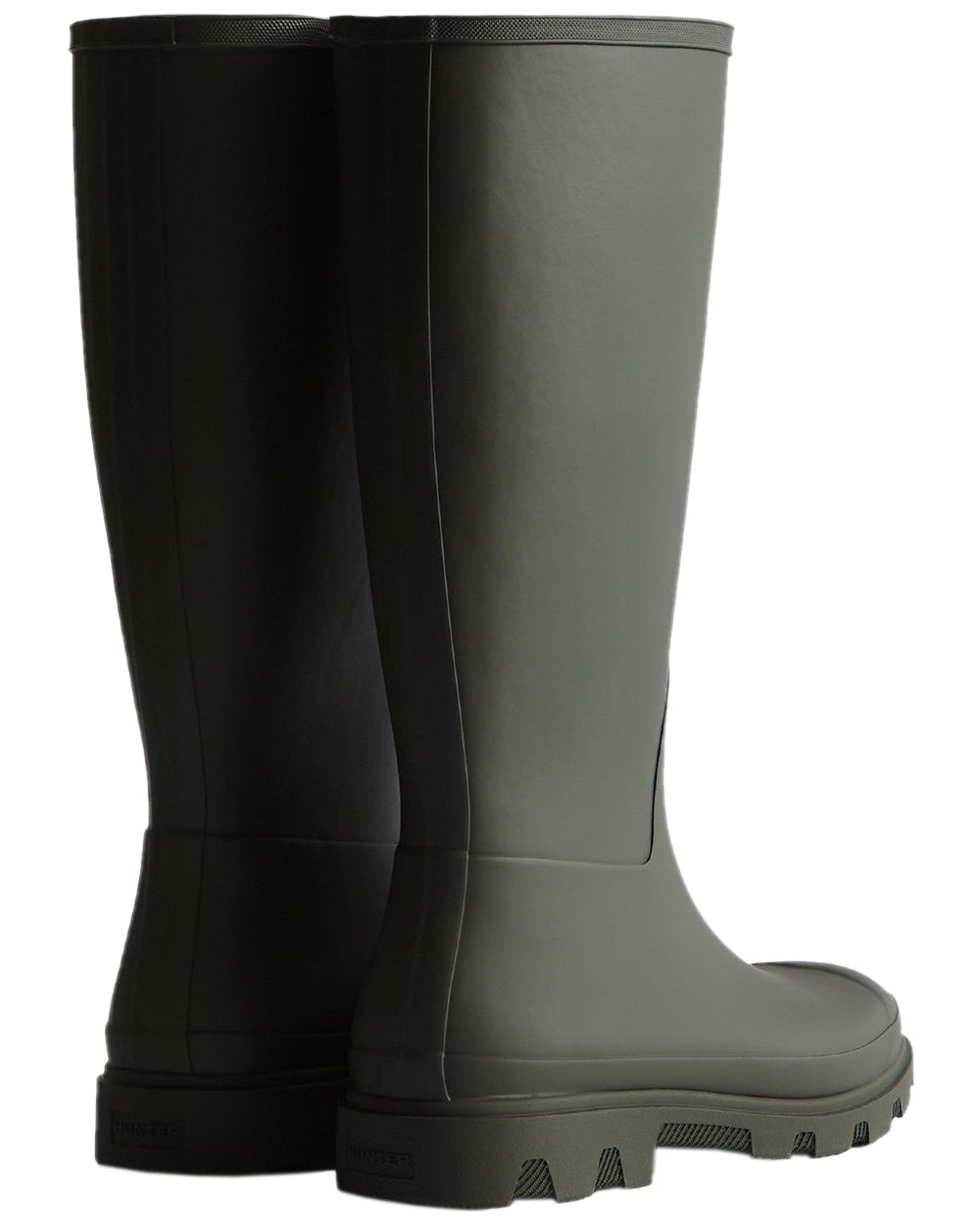 Dark Olive Coloured Hunter Womens Downpour Tall Wellingtons on white background
