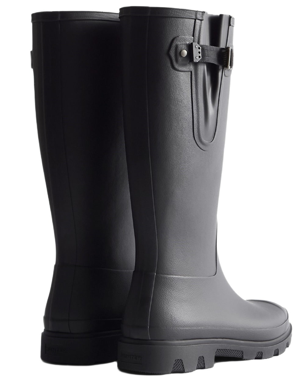 Black coloured Hunter Womens Field Downpour Adjustable Wellingtons on white background 